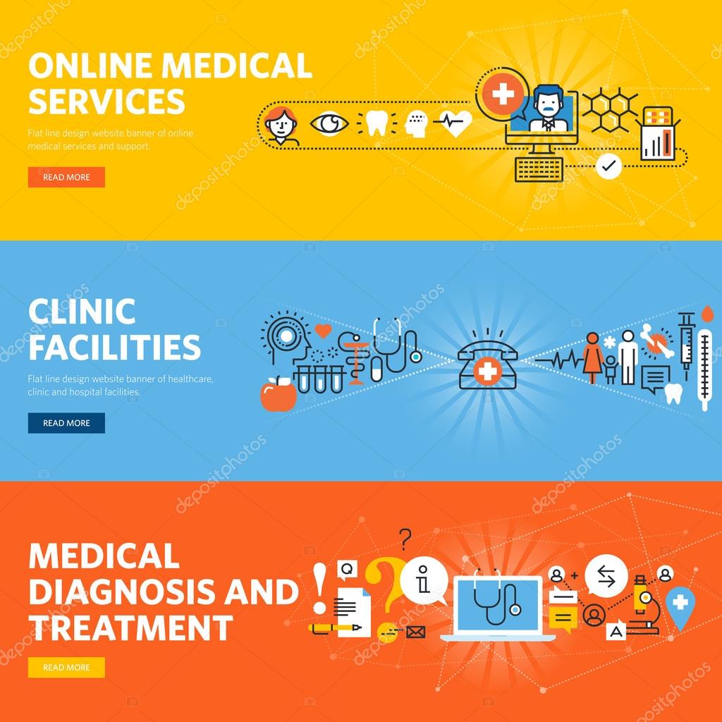 Set Of Flat Line Design Web Banners For Online Medical Diagnosis And Treatment Online Services Hospital And Clinic Facilities Vector Image By C Variant Vector Stock 105323594