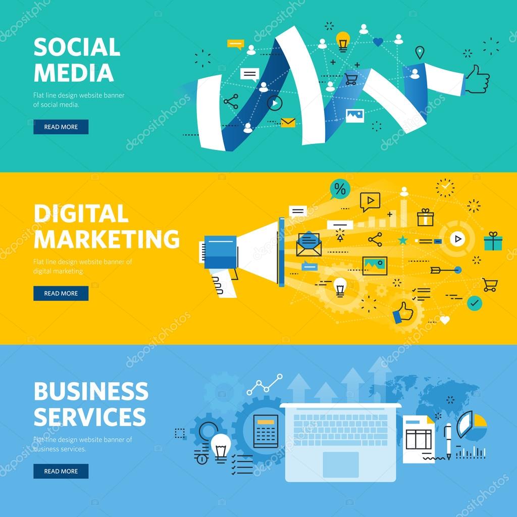 Set of flat line design web banners for social media, internet marketing, networking and business services. Vector illustration concepts for web design, marketing, and graphic design.