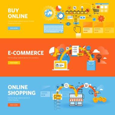 Online alışveriş, e-ticaret, sipariş prosedürü için düz çizgi tasarım web afiş seti