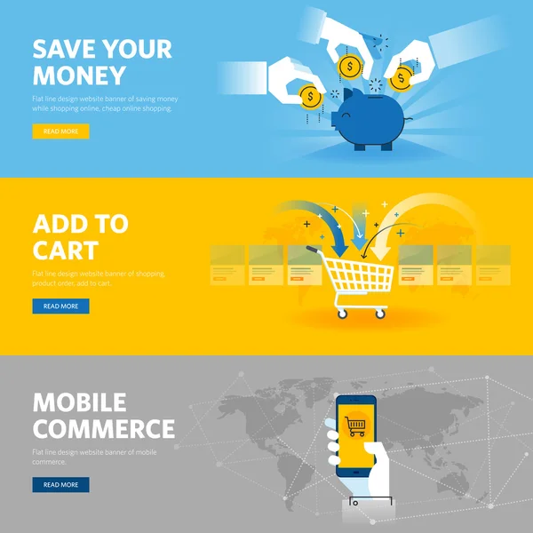 Set di banner web design flat line per mobile commerce, banking e risparmio, shopping online, m-banking — Vettoriale Stock