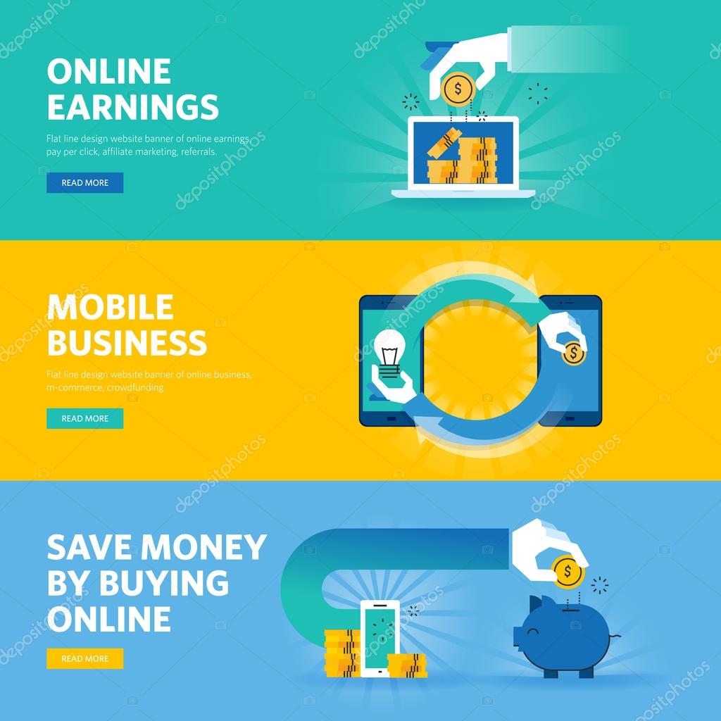 Set of flat line design web banners for online earning, pay per click, mobile business, m-commerce. Vector illustration concepts for web design, marketing, and graphic design.