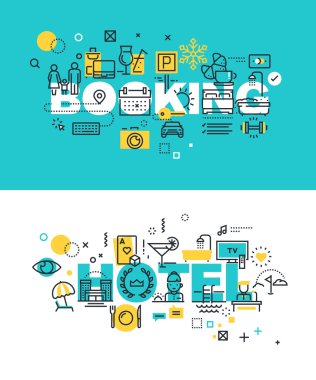Set of modern vector illustration concepts of words booking and hotel
