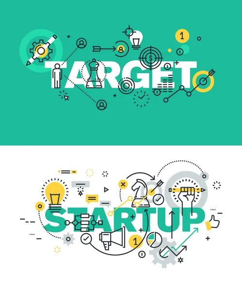 Serie di moderni concetti di illustrazione vettoriale delle parole target e startup — Vettoriale Stock