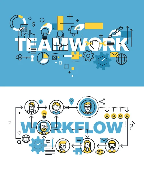Satz moderner Vektor-Illustrationskonzepte der Wörter Teamwork und Workflow — Stockvektor