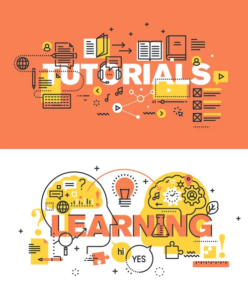 Conjunto de conceptos modernos de ilustración vectorial de palabras tutoriales y aprendizaje — Vector de stock