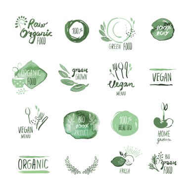 Set of organic food hand drawn watercolor stickers and elements clipart