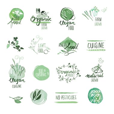Set of organic food hand drawn watercolor labels and badges clipart