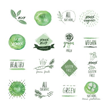 Set of organic food hand drawn watercolor labels and elements clipart