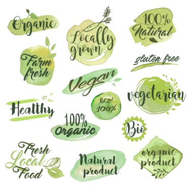 Hand drawn watercolor labels and badges for organic food, restaurant and natural products clipart