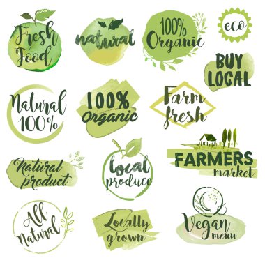 Hand drawn watercolor stickers and badges for organic food, restaurant and natural products clipart