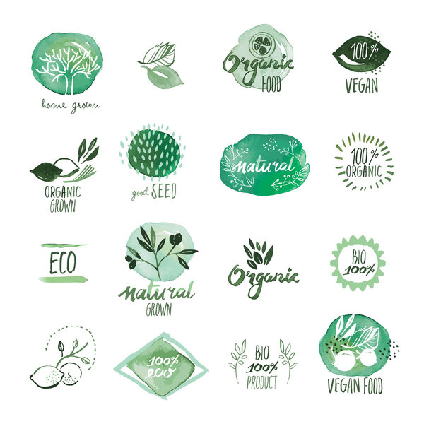Set of organic food hand drawn watercolor stickers and badges