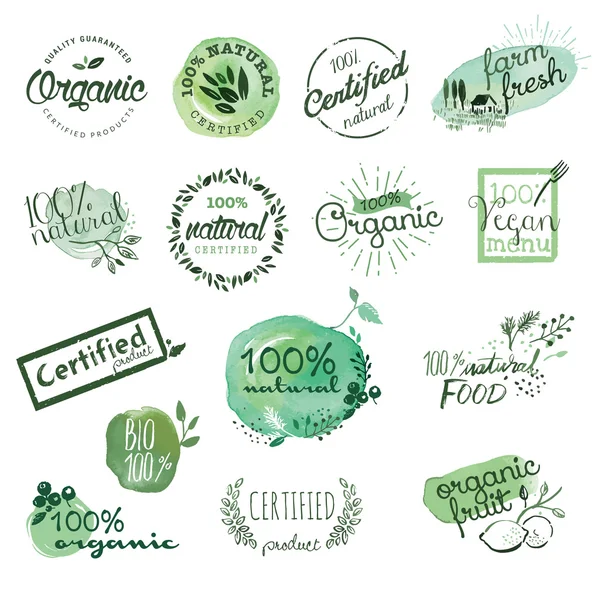 Biologisch voedsel stickers en elementen — Stockvector