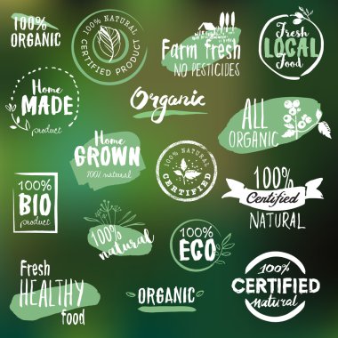 Hand drawn stickers and badges collection for organic food and drink clipart