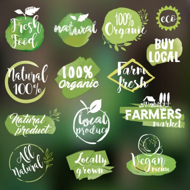 Set of watercolor hand drawn stickers and badges for organic food and drink clipart