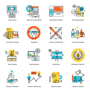 Düz çizgi grafik tasarım, Web sitesi ve uygulama tasarım ve geliştirme tasarım simgeler kümesi