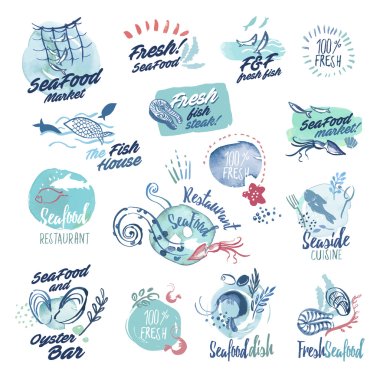 Set of hand drawn watercolor labels and badges of seafood clipart