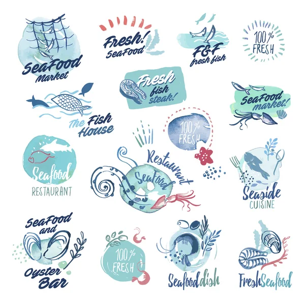 Set hand getrokken aquarel labels en badges van zeevruchten — Stockvector