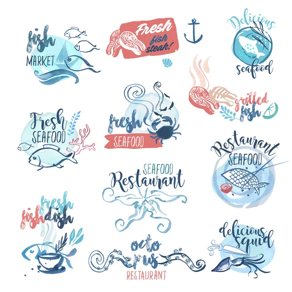 Set von handgezeichneten Aquarell-Etiketten und Zeichen von Meeresfrüchten — Stockvektor