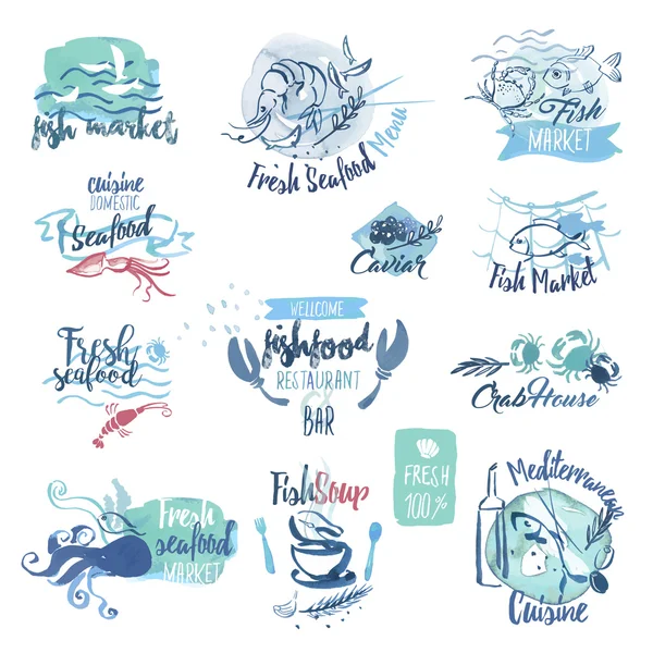 Ensemble d'étiquettes aquarelles dessinées à la main et d'éléments de fruits de mer — Image vectorielle