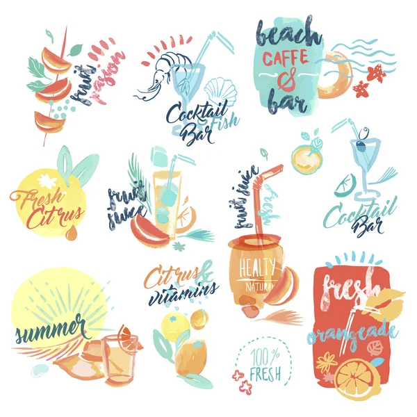 Ensemble de signes aquarelles dessinés à la main et d'étiquettes de jus de fruits frais et de boissons — Image vectorielle