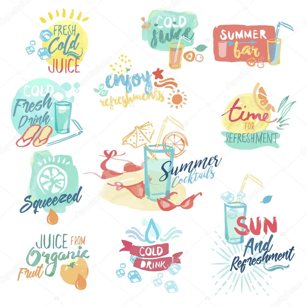 Set of hand drawn watercolor badges and stickers of fresh fruit juice and drinks. Vector illustrations for menu, food and drink, restaurant and bar, summer refreshment, cocktail bar, organic fruit, summer holiday.