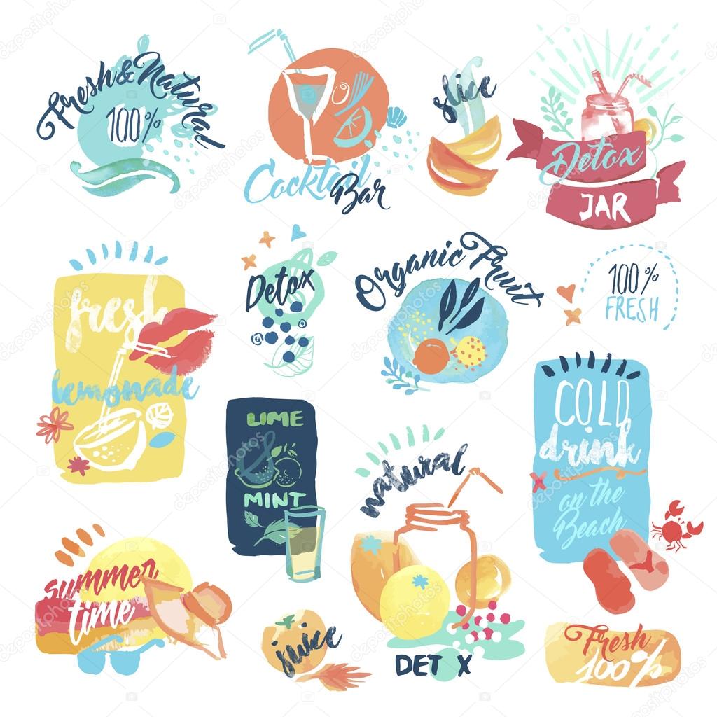 Set of hand drawn watercolor labels and stickers of fresh fruit juice and drinks. Vector illustrations for menu, food and drink, restaurant and bar, summer refreshment, cocktail bar, organic fruit, summer holiday.