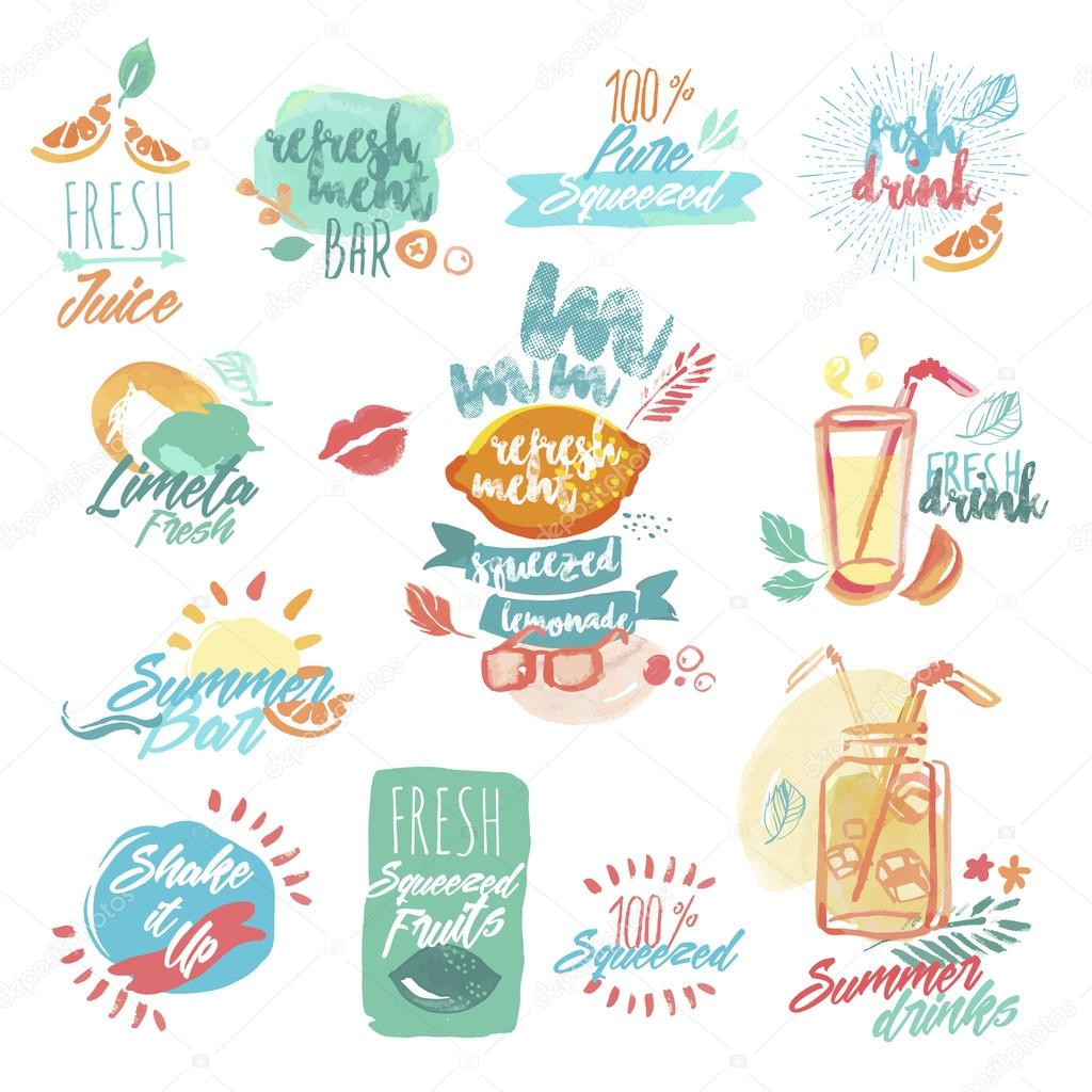 Set of hand drawn watercolor labels and signs of fresh fruit juice and drinks. Vector illustrations for menu, food and drink, restaurant and bar, summer refreshment, cocktail bar, organic fruit, summer holiday.