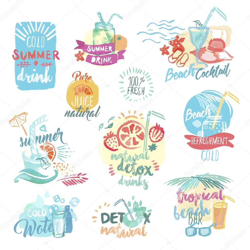 Set of hand drawn watercolor labels and badges of fresh fruit juice and drinks. Vector illustrations for menu, food and drink, restaurant and bar, summer refreshment, cocktail bar, organic fruit, summer holiday.