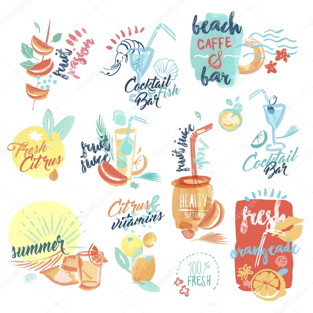 Set of hand drawn watercolor signs and labels of fresh fruit juice and drinks. Vector illustrations for menu, food and drink, restaurant and bar, summer refreshment, cocktail bar, organic fruit, summer holiday.
