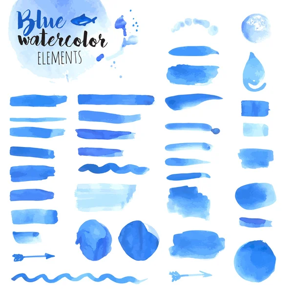 Set di elementi ad acquerello blu disegnati a mano, pennelli, goccia d'acqua, cornici, macchie, nastri, motivo e sfondo — Vettoriale Stock