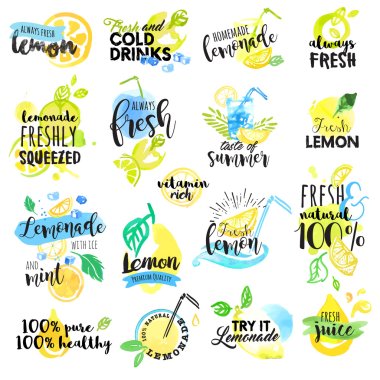Set of hand drawn watercolor labels and signs of lemon and lemonade