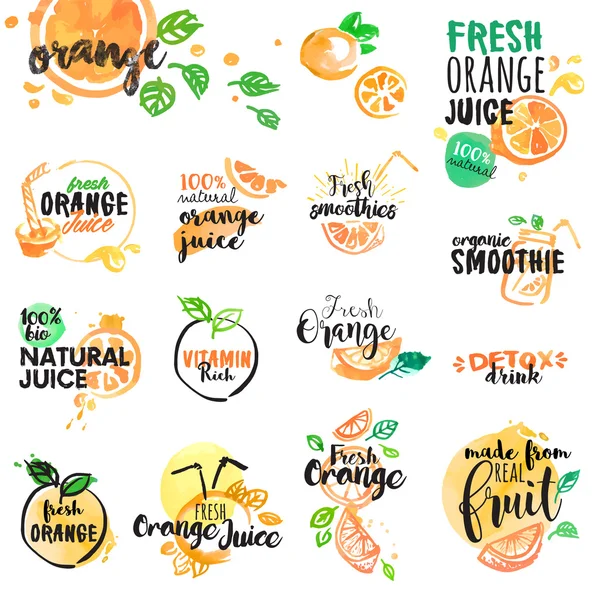 Uppsättning av handritad akvarell etiketter och skyltar av apelsin juice och smoothies — Stock vektor