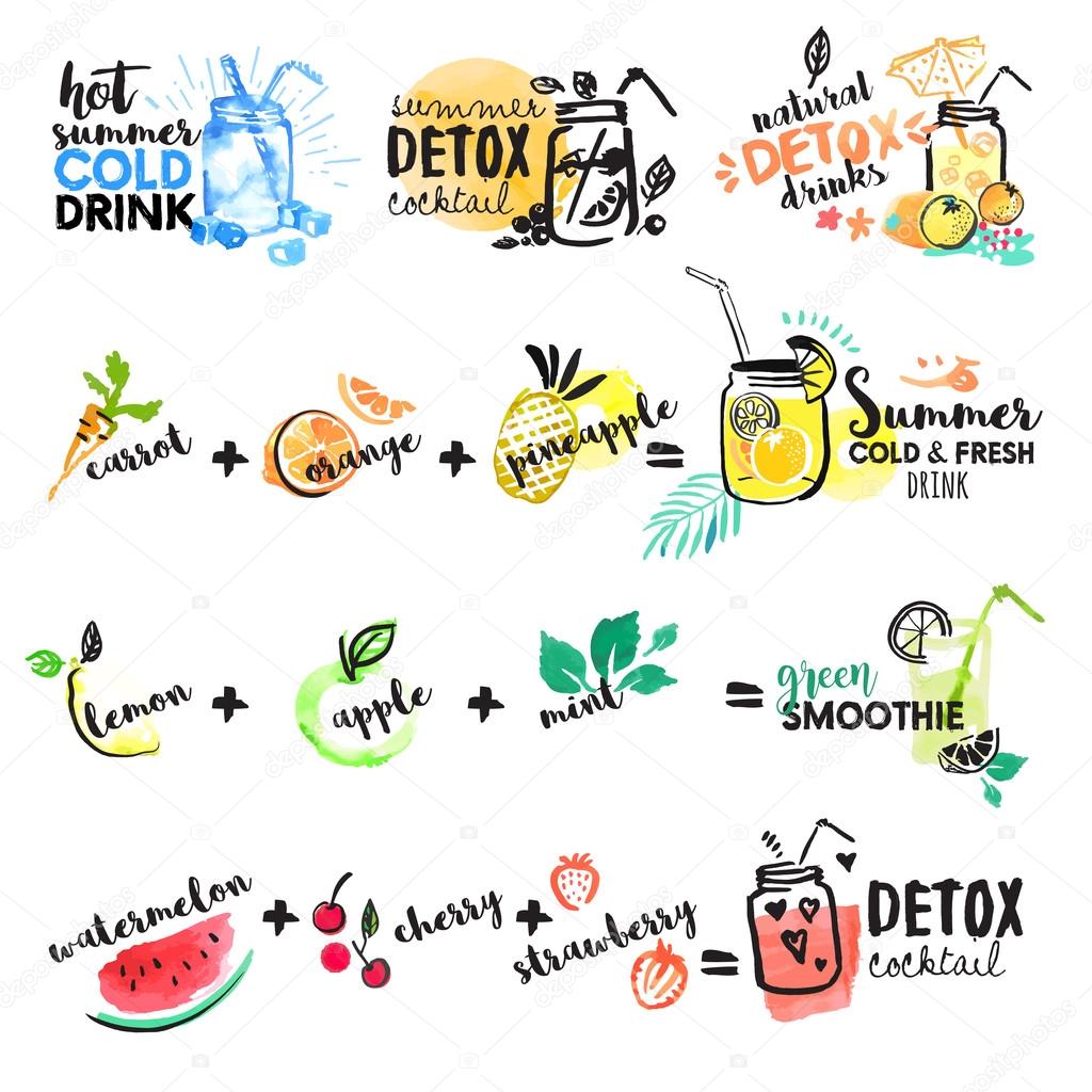 Set of hand drawn watercolor signs of summer drinks, fruit juices and smoothies, cocktails. Vector illustrations for graphic and web design, for restaurant and bar, menu.