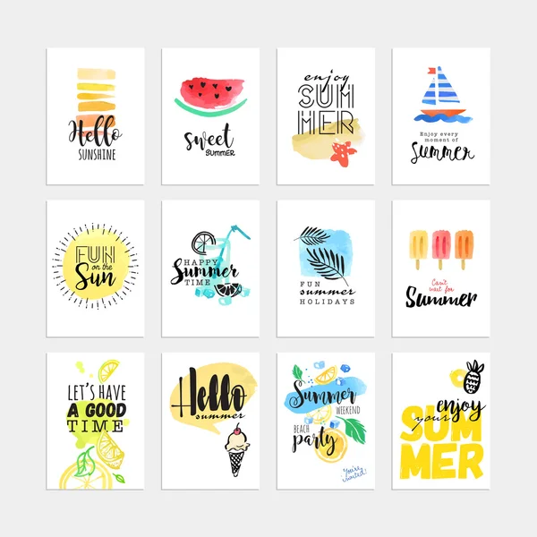 Set hand getrokken aquarel zomer kaarten en banners — Stockvector