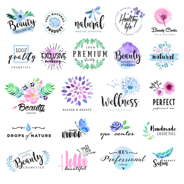 Set von handgezeichneten Aquarell-Etiketten und Abzeichen für Schönheit, gesundes Leben und Wohlbefinden — Stockvektor