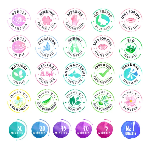 Set hand getrokken aquarel stickers voor cosmetica — Stockvector