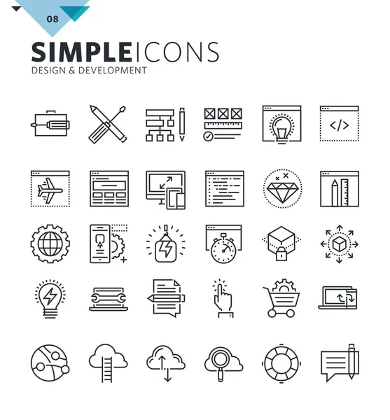設計および開発の近代的な細い線アイコン — ストックベクタ