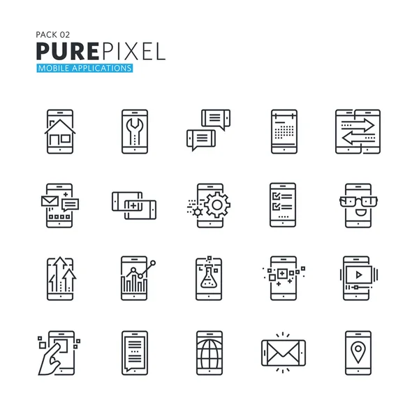 Ensemble d'icônes de pixel de ligne mince modernes parfaites d'applications et de services mobiles — Image vectorielle