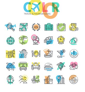 Düz çizgi Icons set seyahat ve Turizm Hizmetleri, seyahat planlıyorsanız, seyahat etmek ulaşım. 