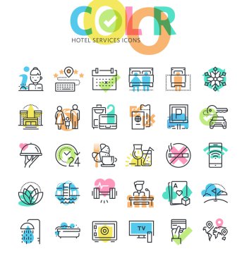 Otel rezervasyonu, konaklama, otel hizmetleri ve İmkanları düz çizgi Icons set. 