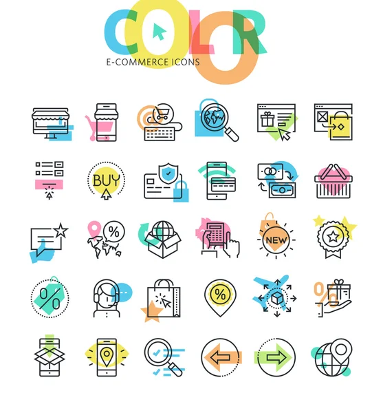 Conjunto de iconos de línea plana de comercio electrónico, venta en línea — Archivo Imágenes Vectoriales
