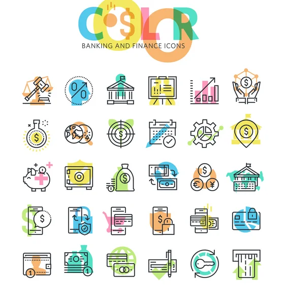 Flat line icons set of banking, internet and mobile banking, payment services and solutions. Royalty Free Stock Illustrations