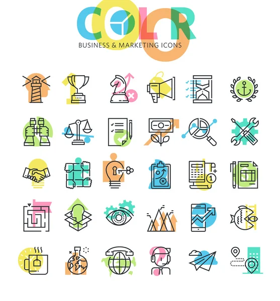 Flat line icons set of business management, marketing and communication. Vector Graphics