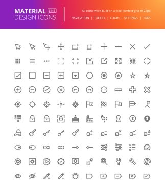 Material design icons set. Thin line pixel perfect icons for navigation, settings, buttons and toggles. 