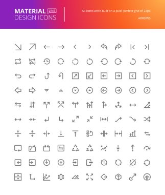 Material design arrow icons set. Thin line pixel perfect icons. 