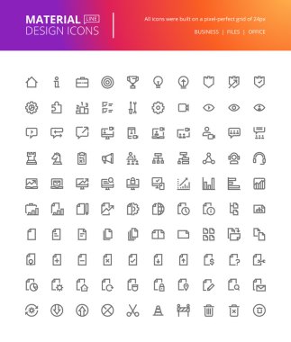 Material design icons set. Thin line pixel perfect icons of basic business essential tools, file management. 