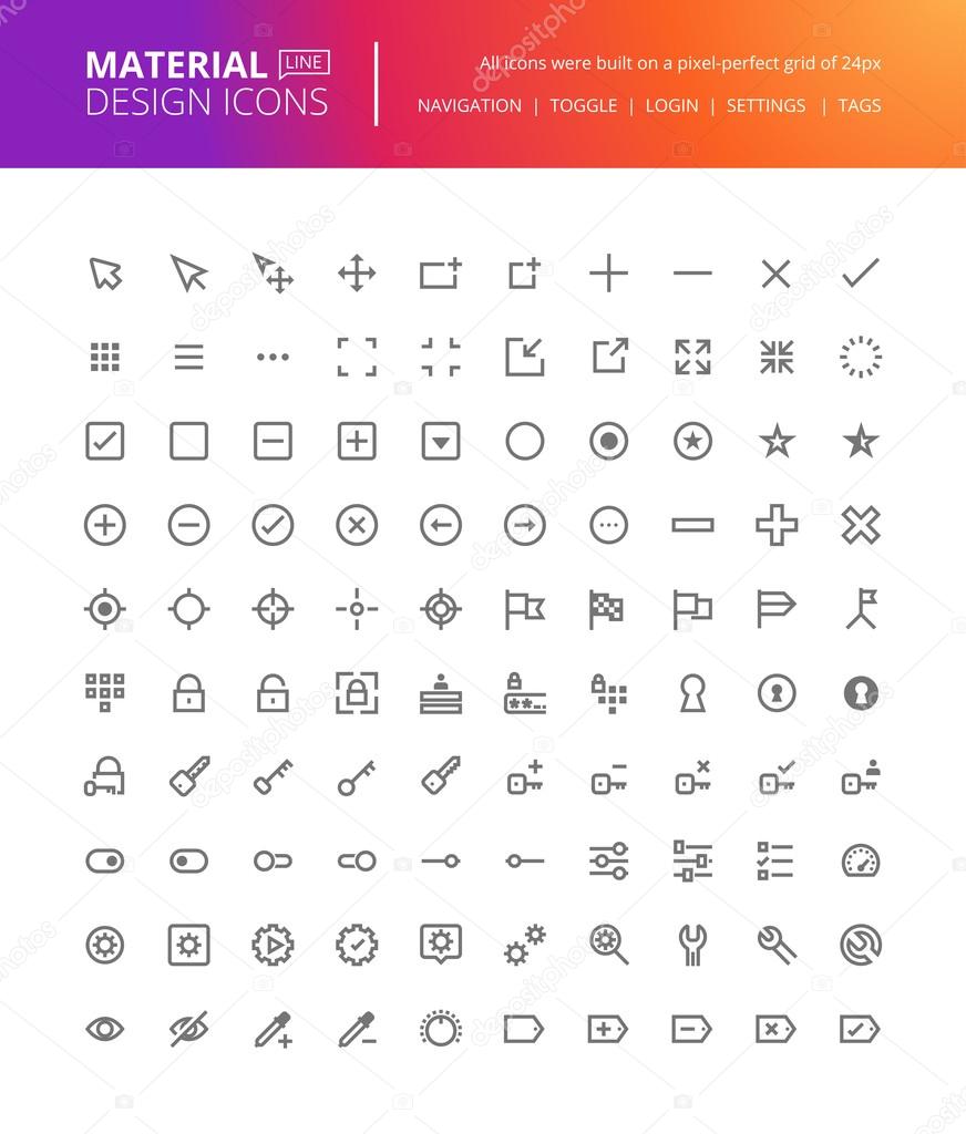 Material design icons set. Thin line pixel perfect icons for navigation, settings, buttons and toggles. 
