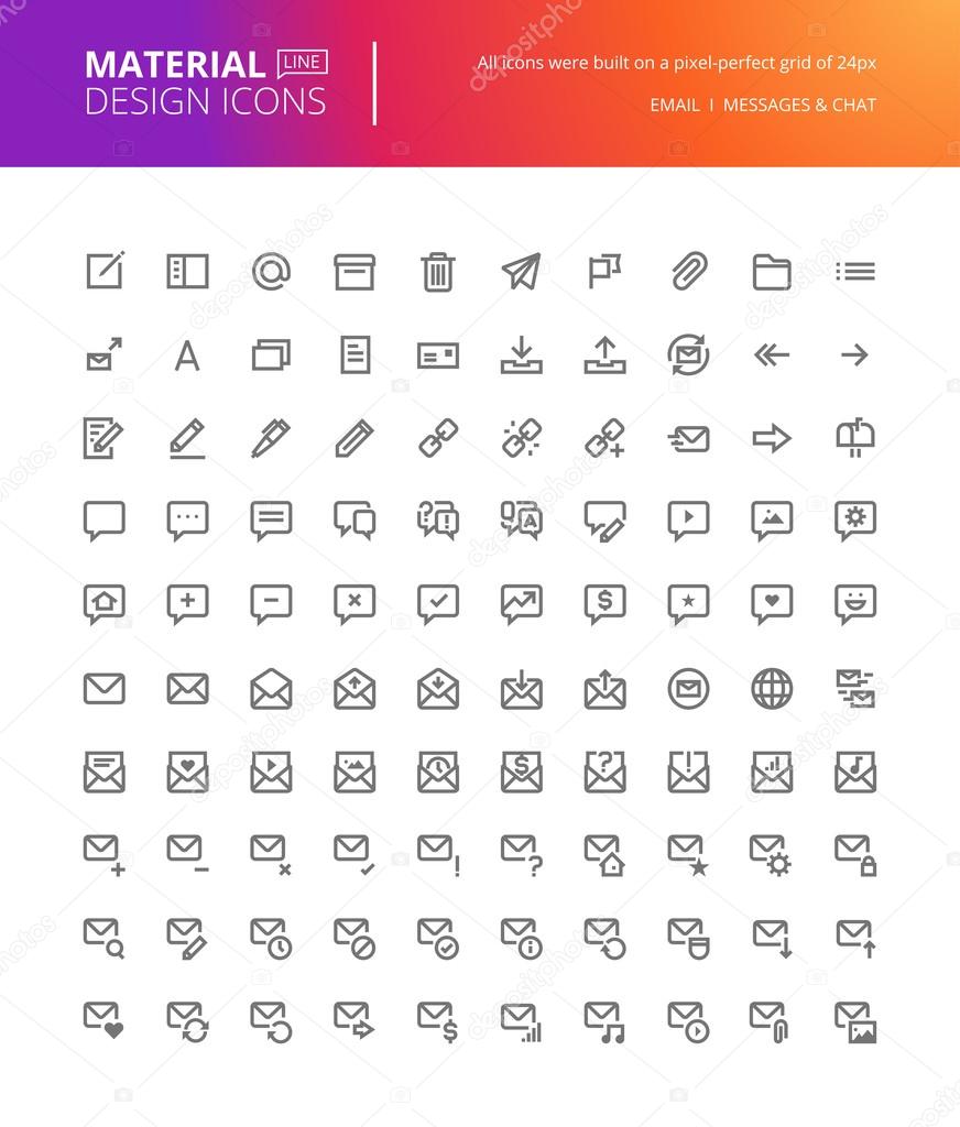 Material design icons set. Thin line pixel perfect icons for time and date, alarm, calendar, events, reminder, organization, schedule, to do list. 