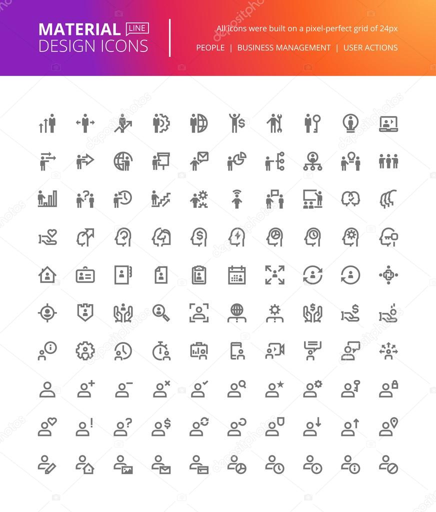 Material design people icons set. Thin line pixel perfect icons of business management, user action, social media. 