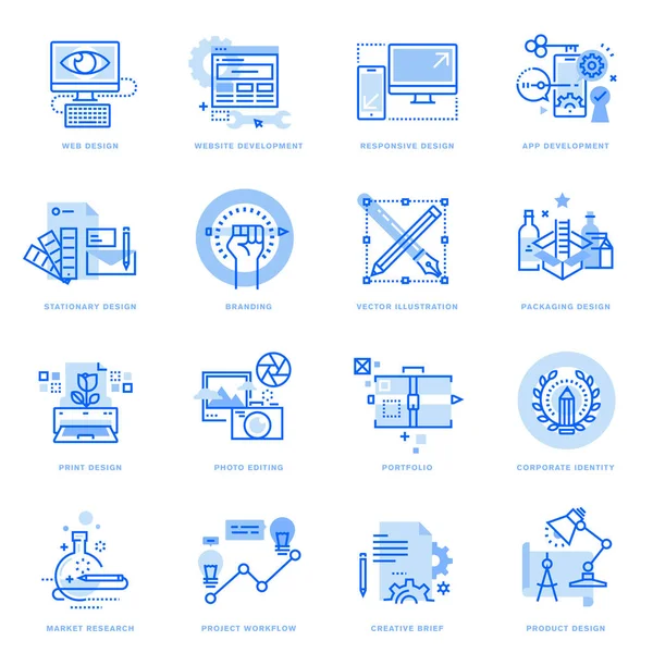 Conjunto Iconos Línea Plana Diseño Gráfico Web Desarrollo Conceptos Vectoriales — Vector de stock